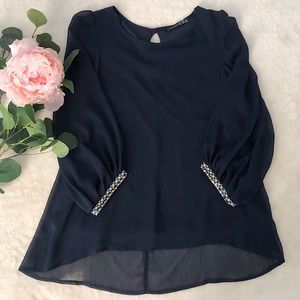 Navy blouse with jeweled 3/4 sleeves